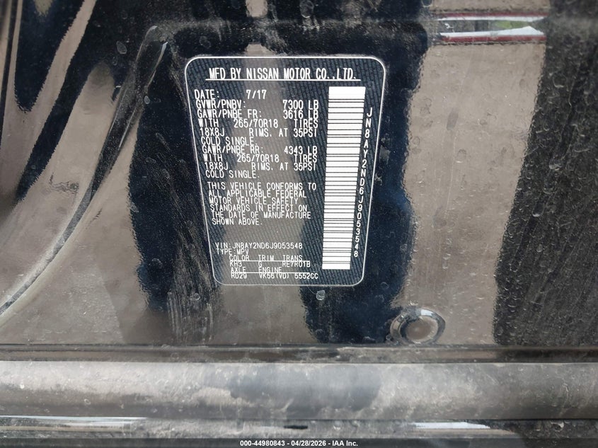 2018 Nissan Armada VIN JN8AY2ND6J9053548 IAAI salvage auction — FRONT & REAR, Salvage Title, sold $1,800 on 2026-07-06 (photo 9)