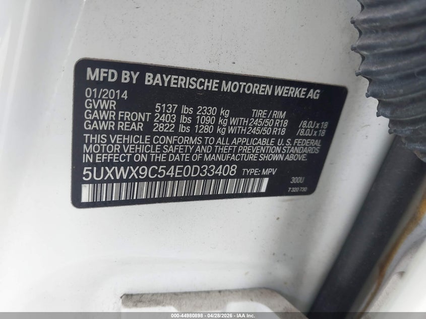 2014 BMW X3 VIN 5UXWX9C54E0D33408 IAAI salvage auction — FRONT END, Salvage Title, sold $775 on 2026-07-14 (photo 9)