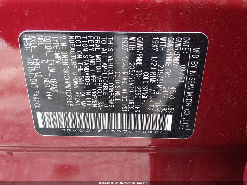 2023 Nissan Rogue VIN JN8BT3DC6PW108365 IAAI salvage auction — REAR END, Salvage Title, sold $9,100 on 2026-07-05 (photo 9)