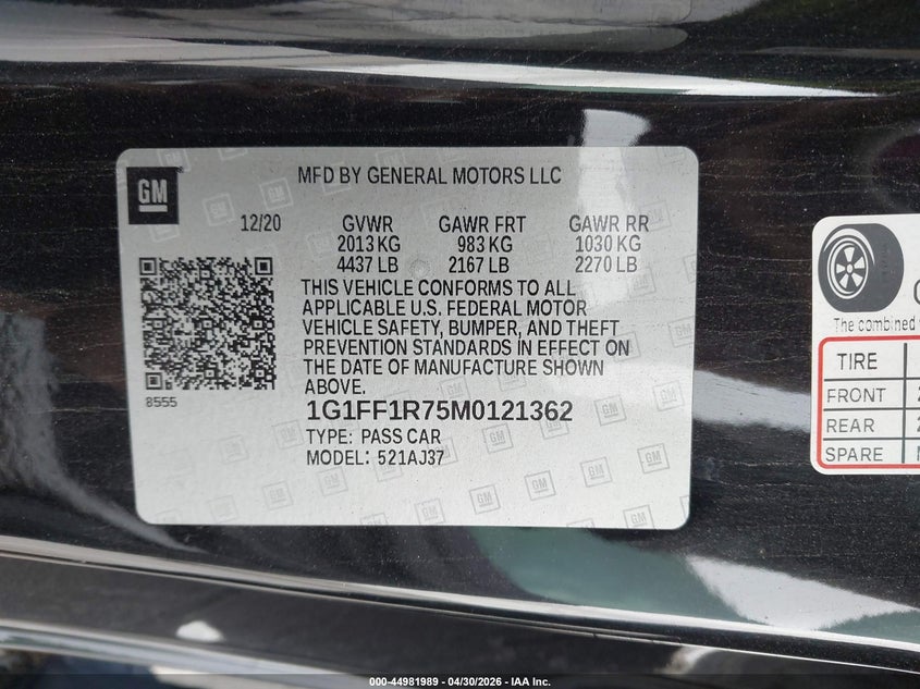 2021 Chevrolet Camaro VIN 1G1FF1R75M0121362 IAAI salvage auction — RIGHT SIDE, Salvage (California), sold $8,200 on 2026-07-29 (photo 9)