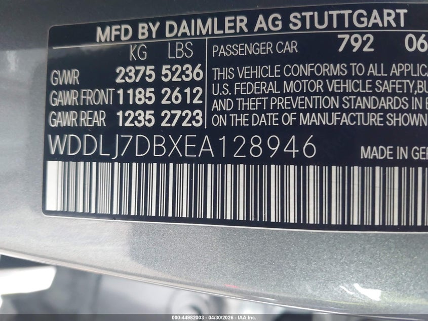 2014 Mercedes-benz Cls-klasse VIN WDDLJ7DBXEA128946 IAAI salvage auction — TOTAL BURN, Clear (Massachusetts), sold $175 on 2026-08-14 (photo 9)
