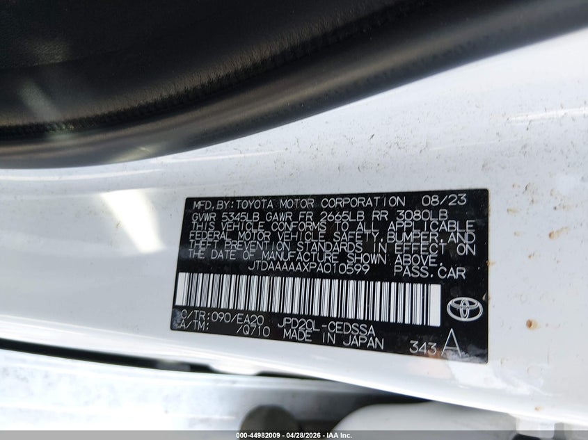 2023 Toyota Mirai VIN JTDAAAAAXPA010599 IAAI salvage auction — FRONT & REAR, Salvage Title, sold $1,700 on 2026-07-30 (photo 9)