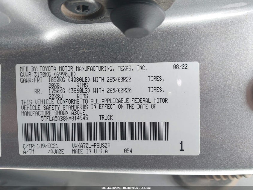 2022 Toyota Tundra VIN 5TFLA5AB8NX014945 IAAI salvage auction — RIGHT FRONT, Original (Texas), sold $15,800 on 2026-07-11 (photo 9)