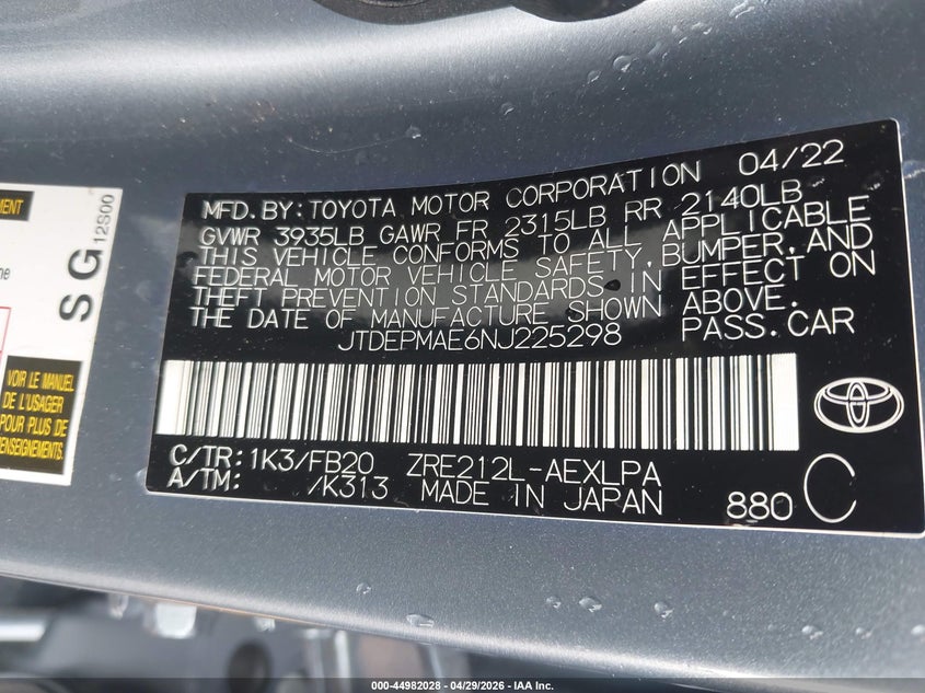 2022 Toyota Corolla VIN JTDEPMAE6NJ225298 IAAI salvage auction — FRONT END, Salvage (Georgia), sold $3,100 on 2026-07-29 (photo 9)