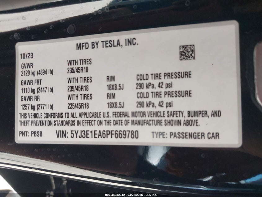 2023 Tesla Model 3 VIN 5YJ3E1EA6PF669780 IAAI salvage auction — RIGHT FRONT, Salvage (Arizona), sold $8,100 on 2026-07-11 (photo 9)