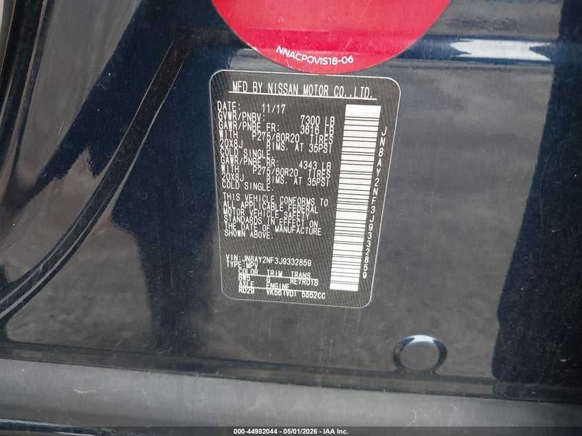 2018 Nissan Armada VIN JN8AY2NF3J9332859 IAAI salvage auction — REAR END, Original (Texas), sold $4,700 on 2026-07-29 (photo 9)