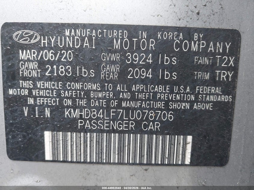 2020 Hyundai Elantra VIN KMHD84LF7LU078706 IAAI salvage auction — FRONT END, Salvage (Rhode Island), sold $2,200 on 2026-07-14 (photo 9)