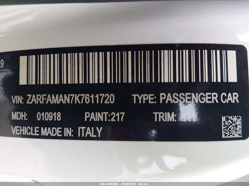 2019 Alfa romeo Giulia VIN ZARFAMAN7K7611720 IAAI salvage auction — FRONT END, Original (Texas), sold $4,250 on 2026-08-11 (photo 9)