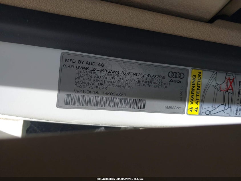2009 Audi A4 VIN WAUDF48H19K009869 IAAI salvage auction — NORMAL WEAR, Salvage (Texas), sold $275 on 2026-07-28 (photo 9)