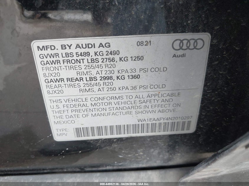 2022 Audi Q5 VIN WA1EAAFY4N2010297 IAAI salvage auction — LEFT & RIGHT, Salvage Title, sold $17,225 on 2026-07-22 (photo 9)