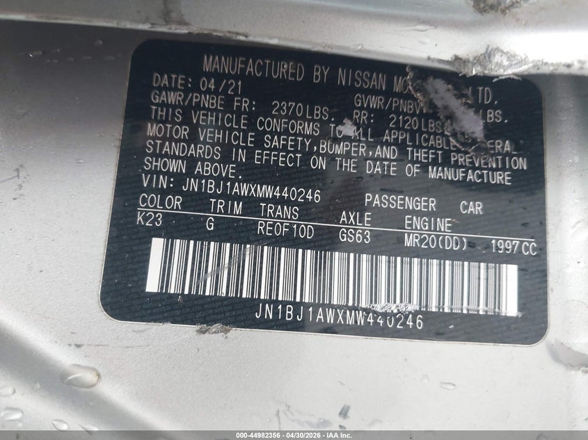 2021 Nissan VIN JN1BJ1AWXMW440246 IAAI salvage auction — LEFT & RIGHT, Salvage (Massachusetts), sold $1,100 on 2026-07-10 (photo 9)