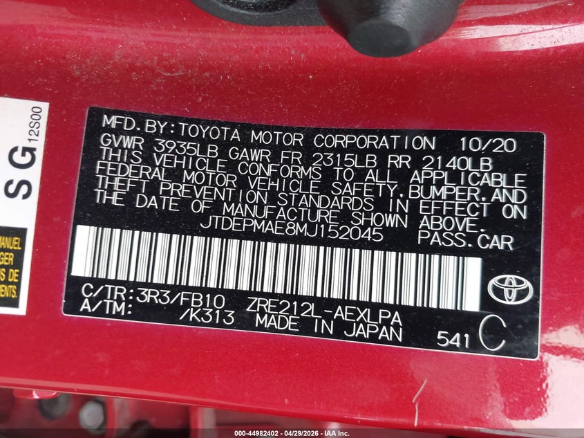 2021 Toyota Corolla VIN JTDEPMAE8MJ152045 IAAI salvage auction — FRONT END, Salvage - Greater Than 75% (Maryland), sold $2,500 on 2026-07-08 (photo 9)