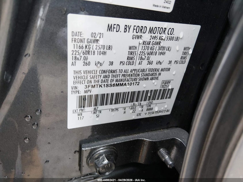 2021 Ford Mustang mach-e VIN 3FMTK1SS8MMA10172 IAAI salvage auction — RIGHT SIDE, Salvage Title, sold $7,150 on 2026-07-16 (photo 9)
