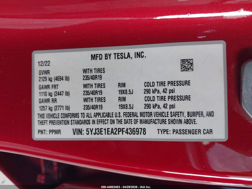 2023 Tesla Model 3 VIN 5YJ3E1EA2PF436978 IAAI salvage auction — SIDE, Mv-907A (New York), sold $5,050 on 2026-07-28 (photo 9)