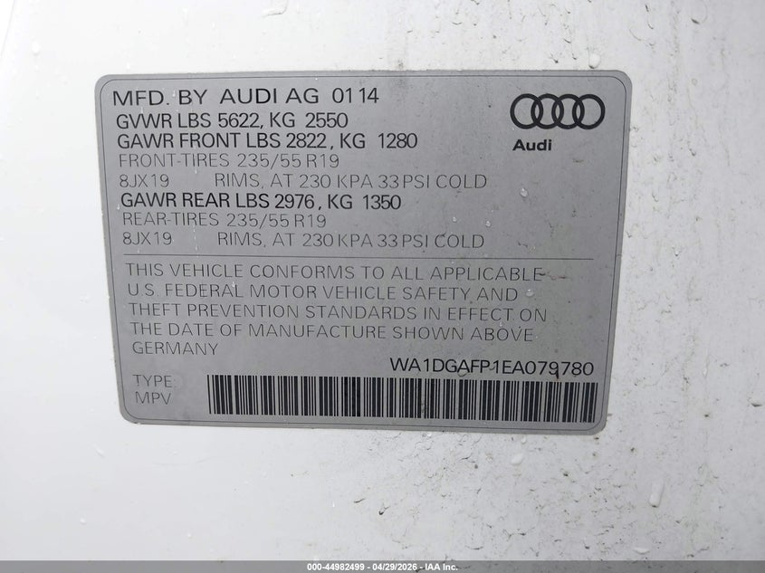 2014 Audi Q5 VIN WA1DGAFP1EA079780 IAAI salvage auction — FRONT END, Salvage (Ohio), sold $825 on 2026-07-22 (photo 9)