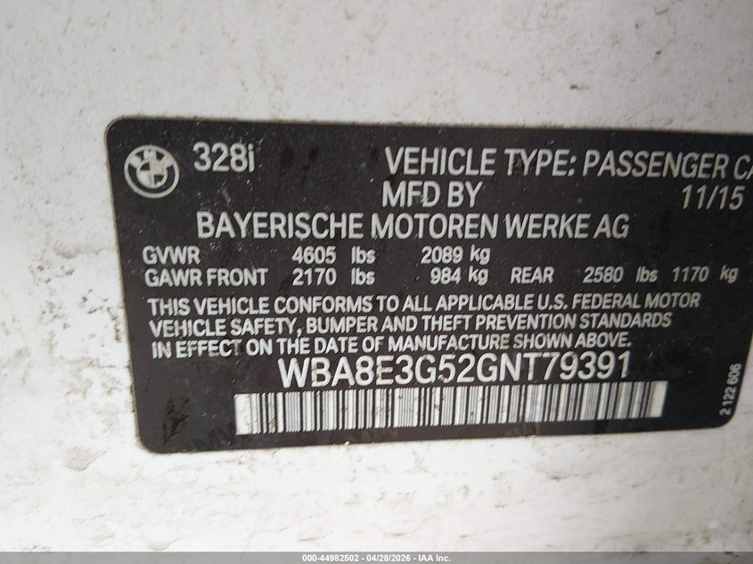 2016 BMW 3er VIN WBA8E3G52GNT79391 IAAI salvage auction — ENGINE BURN, Salvage (Colorado), sold $350 on 2026-09-15 (photo 9)