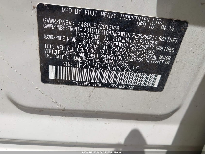 2016 Subaru Forester VIN JF2SJADC0GH562915 IAAI salvage auction — LEFT FRONT, Salvage (Texas), sold $1,375 on 2026-07-15 (photo 9)