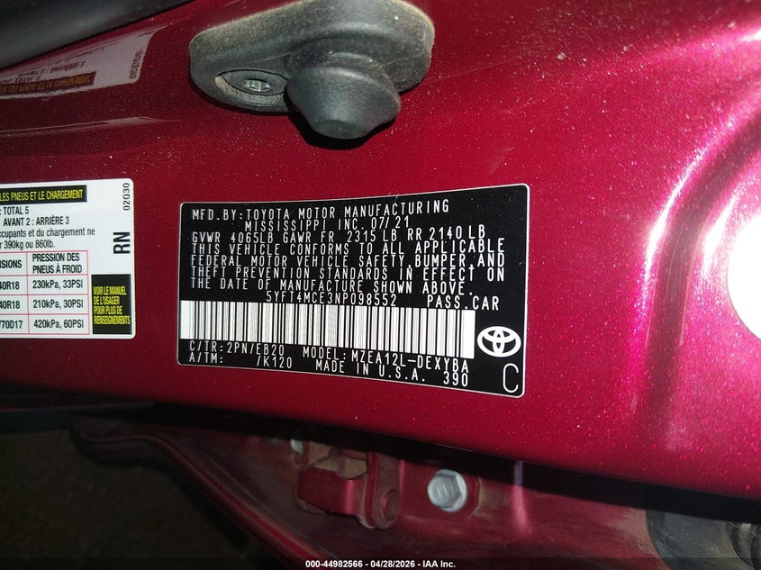 2022 Toyota Corolla VIN 5YFT4MCE3NP098552 IAAI salvage auction — LEFT FRONT, Salvage Title, sold $6,700 on 2026-07-07 (photo 9)