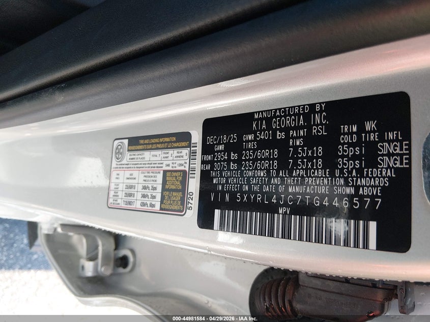 2026 Kia Sorento VIN 5XYRL4JC7TG446577 IAAI salvage auction — REAR END, Salvage Title, sold $11,475 on 2026-07-14 (photo 9)