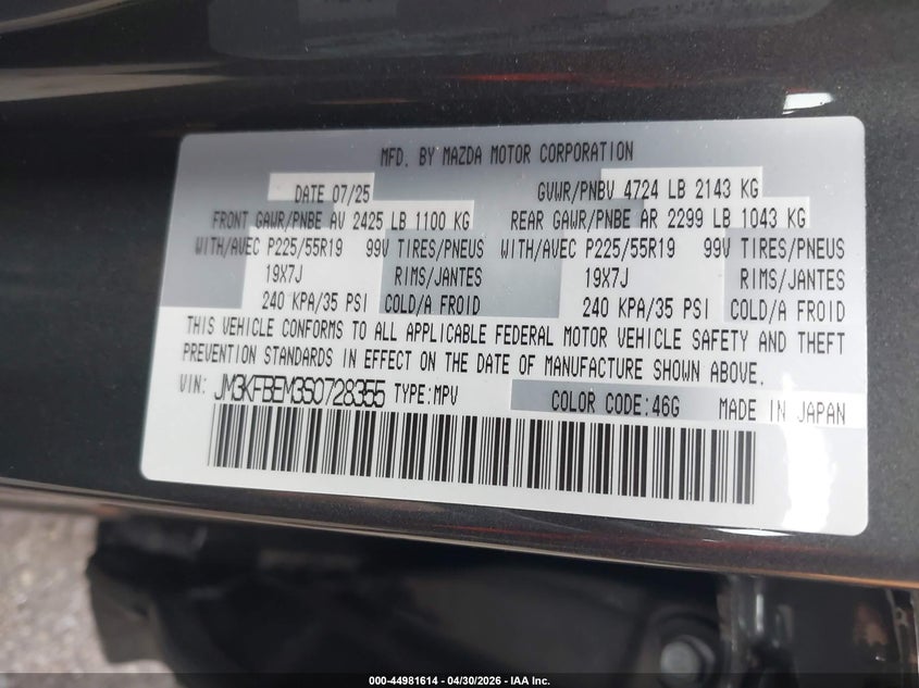 2025 Mazda Cx-5 VIN JM3KFBEM3S0728355 IAAI salvage auction — FRONT END, Salvage (Massachusetts), sold $6,600 on 2026-07-17 (photo 9)