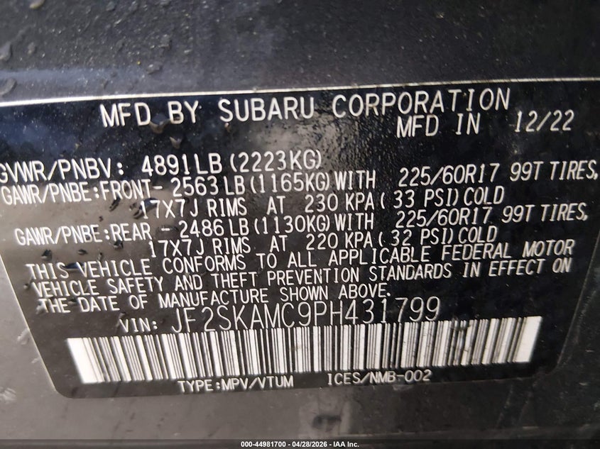 2023 Subaru Forester VIN JF2SKAMC9PH431799 IAAI salvage auction — ROLLOVER, Salvage (West Virginia), sold $1,625 on 2026-07-16 (photo 9)