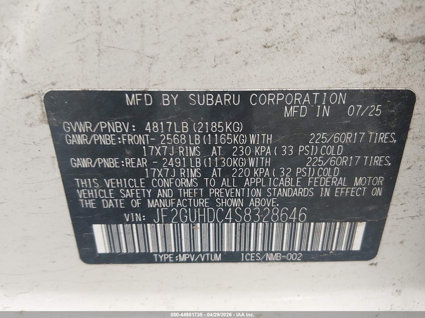 2025 Subaru Xv VIN JF2GUHDC4S8328646 IAAI salvage auction — EXTERIOR BURN, Salvage (West Virginia), sold $1,250 on 2026-07-16 (photo 9)