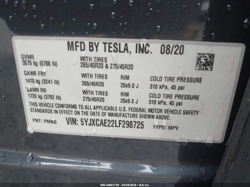 2020 Tesla Model x VIN 5YJXCAE22LF298725 IAAI salvage auction — UNDERCARRIAGE, Salvage Title, sold $15,900 on 2026-07-16 (photo 9)