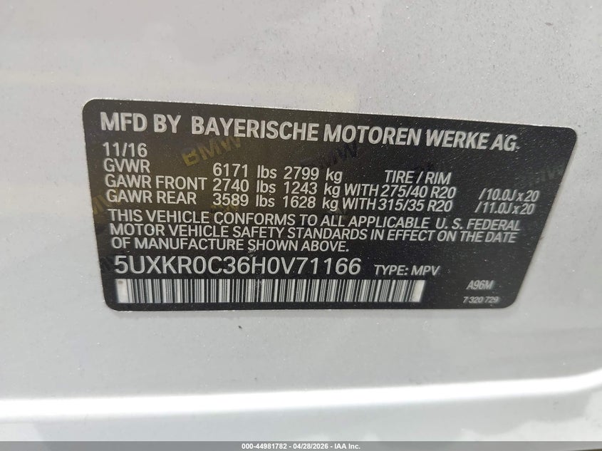 2017 BMW X5 VIN 5UXKR0C36H0V71166 IAAI salvage auction — FRONT END, Salvage Title, sold $2,150 on 2026-07-24 (photo 9)