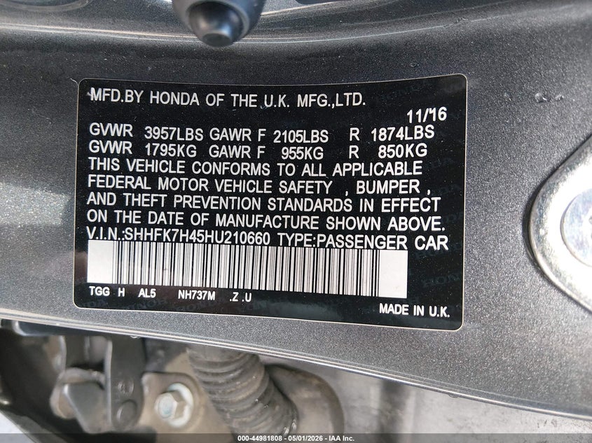 2017 Honda Civic VIN SHHFK7H45HU210660 IAAI salvage auction — SIDE, Salvage (West Virginia), sold $3,050 on 2026-07-30 (photo 9)