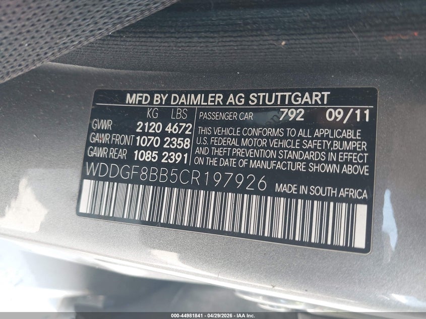 2012 Mercedes-benz C-klasse VIN WDDGF8BB5CR197926 IAAI salvage auction — FRONT END, Salvage (Iowa), sold $550 on 2026-07-07 (photo 9)