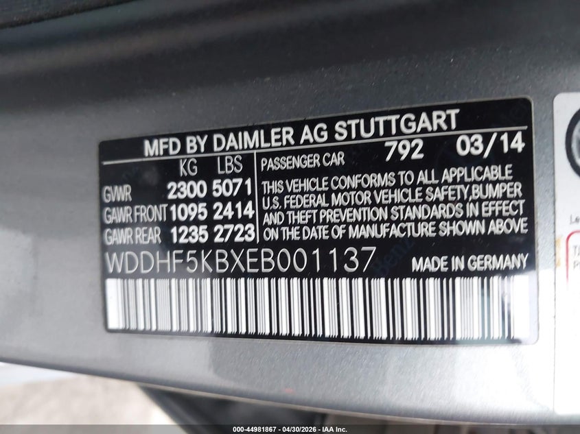 2014 Mercedes-benz E-klasse VIN WDDHF5KBXEB001137 IAAI salvage auction — RIGHT REAR, Original (Texas), sold $3,000 on 2026-07-14 (photo 9)