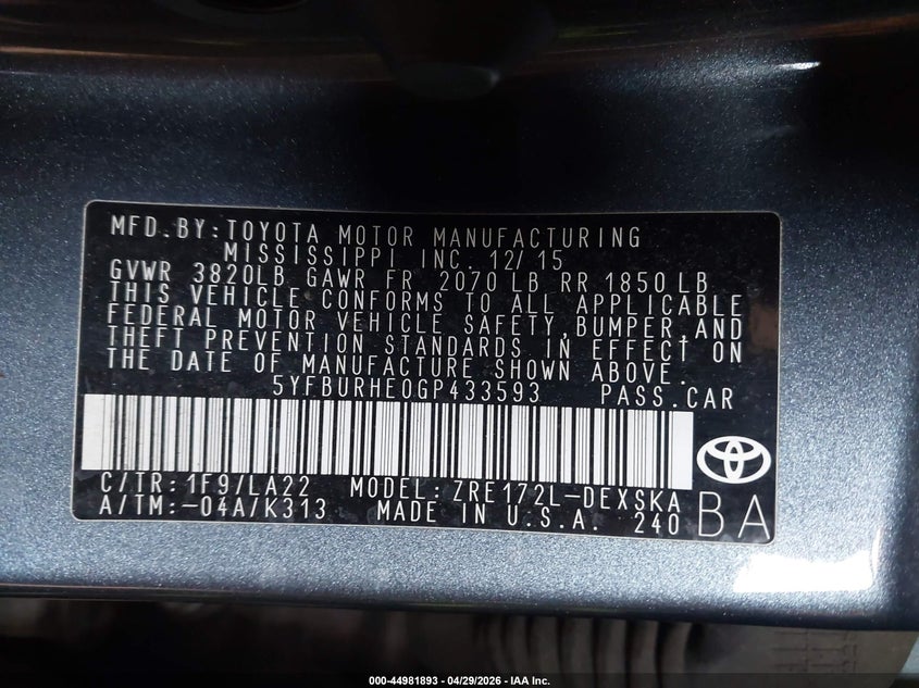 2016 Toyota Corolla VIN 5YFBURHE0GP433593 IAAI salvage auction — RIGHT REAR, Salvage (Minnesota), sold $3,500 on 2026-07-08 (photo 9)