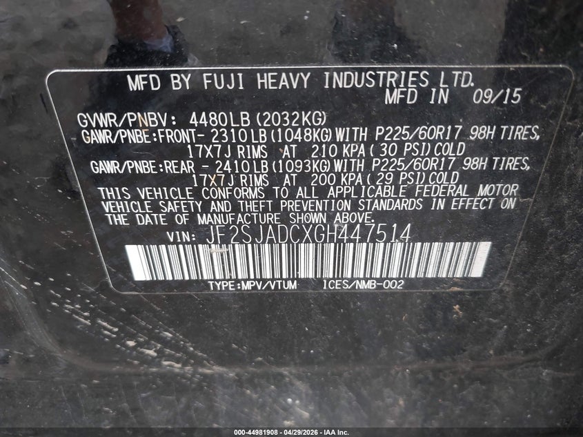 2016 Subaru Forester VIN JF2SJADCXGH447514 IAAI salvage auction — LEFT SIDE, Salvage Title, sold $1,250 on 2026-07-10 (photo 9)