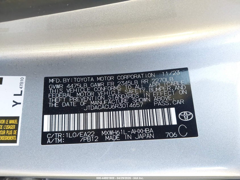 2024 Toyota Prius VIN JTDACACU6R3014657 IAAI salvage auction — FRONT END, Salvage Title, sold $4,450 on 2026-07-27 (photo 9)