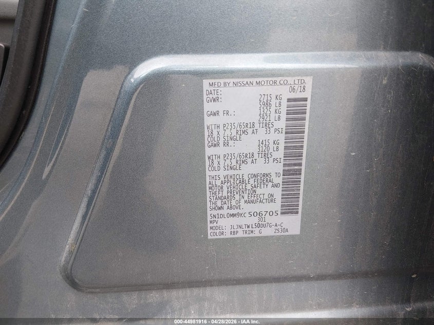 2019 Infiniti Qx60 VIN 5N1DL0MM9KC506705 IAAI salvage auction — RIGHT FRONT, Salvage (Iowa), sold $75 on 2026-07-31 (photo 9)