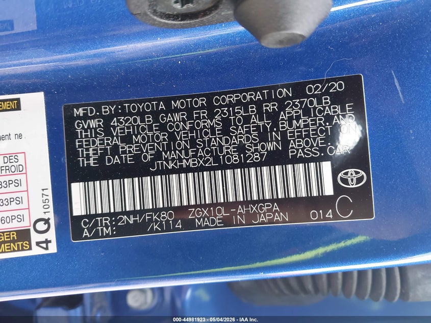 2020 Toyota C-hr VIN JTNKHMBX2L1081287 IAAI salvage auction — FRONT END, Salvage (Kentucky), sold $5,500 on 2026-07-10 (photo 9)