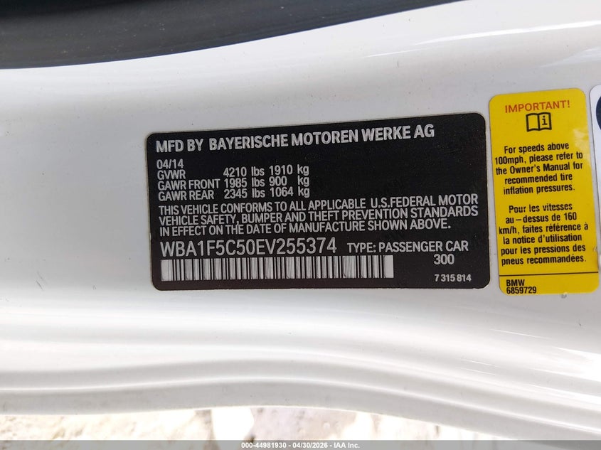 2014 BMW 2er VIN WBA1F5C50EV255374 IAAI salvage auction — RIGHT REAR, Salvage (New Mexico), sold $1,850 on 2026-07-13 (photo 9)