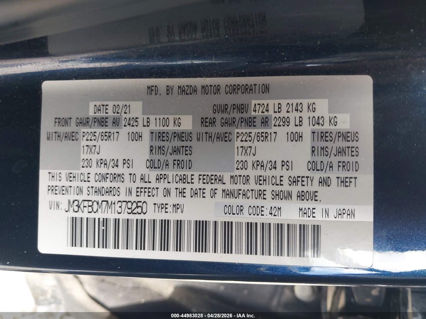 2021 Mazda Cx-5 VIN JM3KFBCM7M1379250 IAAI salvage auction — FRONT END, Salvage (Ohio), sold $3,100 on 2026-07-08 (photo 9)
