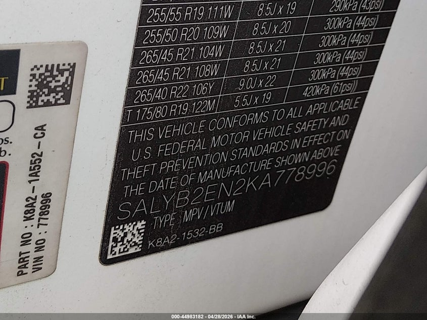 2019 Land rover Range rover velar VIN SALYB2EN2KA778996 IAAI salvage auction — FRONT & REAR, Salvage Title, sold $9,500 on 2026-07-29 (photo 9)