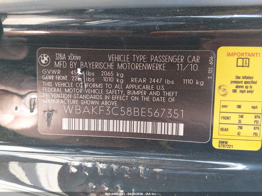 2011 BMW 3 series VIN WBAKF3C58BE567351 IAAI salvage auction — FRONT END, Salvage (Colorado), sold $350 on 2026-07-07 (photo 9)