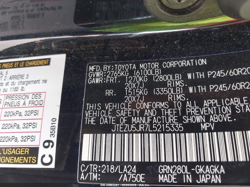 2020 Toyota 4runner VIN JTEZU5JR7L5215335 IAAI salvage auction — FRONT END, Original (Texas), sold $13,900 on 2026-07-09 (photo 9)