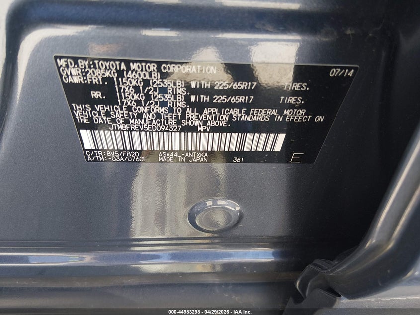 2014 Toyota Rav 4 VIN JTMBFREV5ED094327 IAAI salvage auction — REAR END, Salvage Title, sold $3,450 on 2026-07-21 (photo 9)