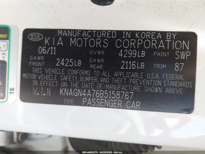 2011 Kia Optima VIN KNAGN4A76B5158767 IAAI salvage auction — FRONT END, Rebuildable (Florida), sold $400 on 2026-07-16 (photo 9)