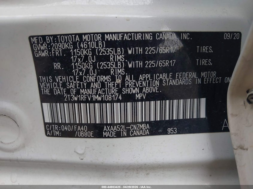 2021 Toyota Rav 4 VIN 2T3W1RFV1MW108174 IAAI salvage auction — LEFT SIDE, Original (Texas), sold $6,800 on 2026-07-03 (photo 9)