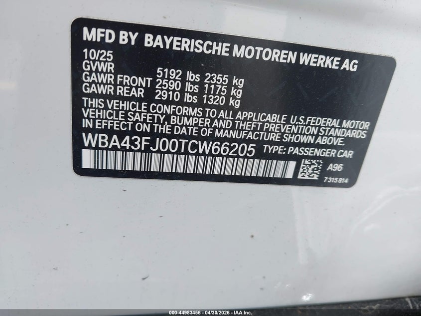 2026 BMW 5er VIN WBA43FJ00TCW66205 IAAI salvage auction — RIGHT SIDE, Rebuildable (Florida), sold $29,700 on 2026-07-06 (photo 9)