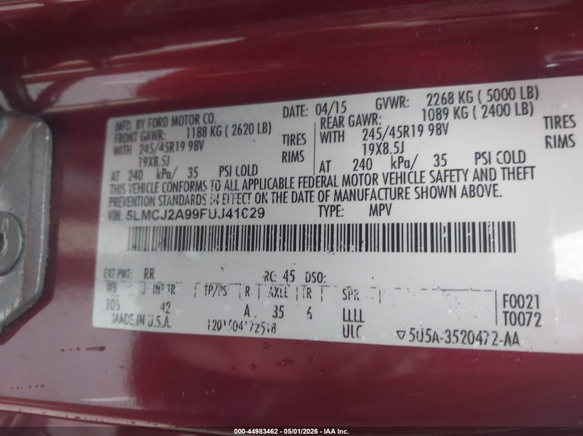 2015 Lincoln Mkc VIN 5LMCJ2A99FUJ41629 IAAI salvage auction — LEFT SIDE, Wait Title, sold $1,300 on 2026-07-17 (photo 9)