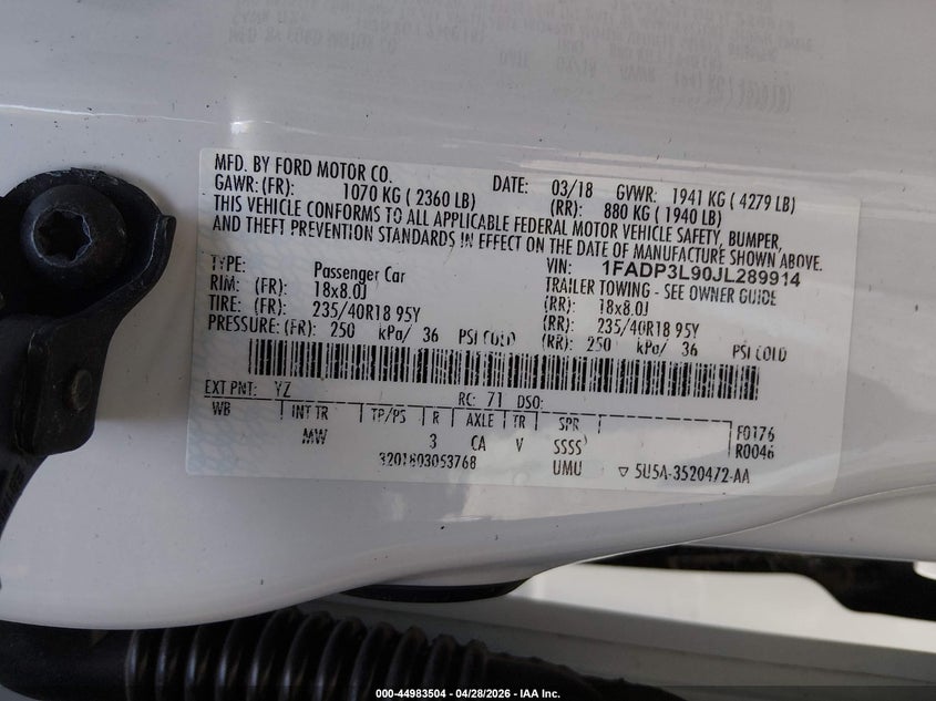 2018 Ford Focus st VIN 1FADP3L90JL289914 IAAI salvage auction — FRONT END, Salvage Title, sold $950 on 2026-07-25 (photo 9)