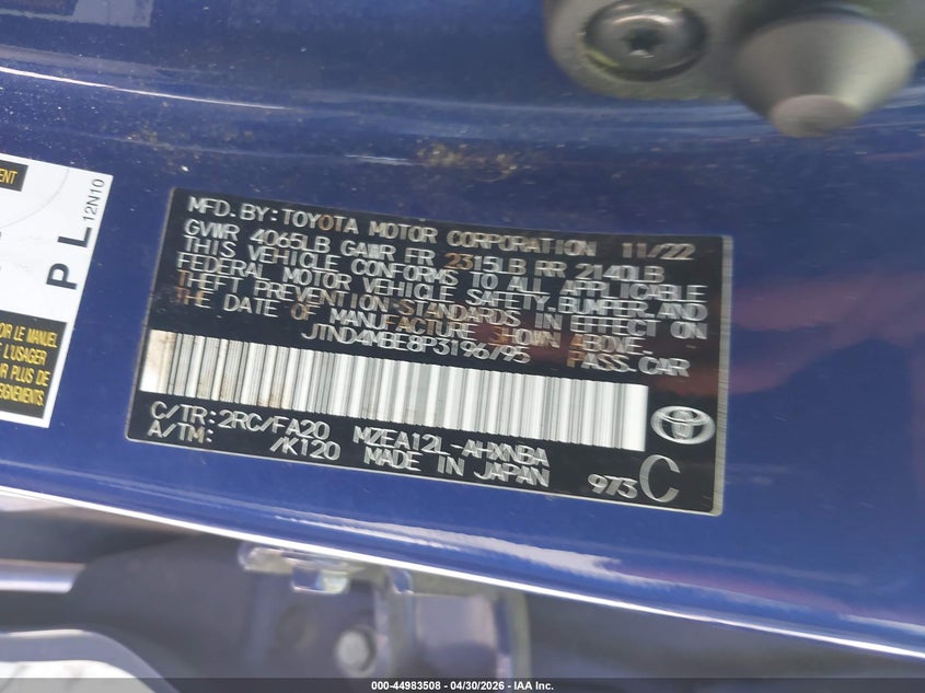 2023 Toyota Corolla VIN JTND4MBE8P3196795 IAAI salvage auction — FRONT END, Salvage (California), sold $1,350 on 2026-07-28 (photo 9)