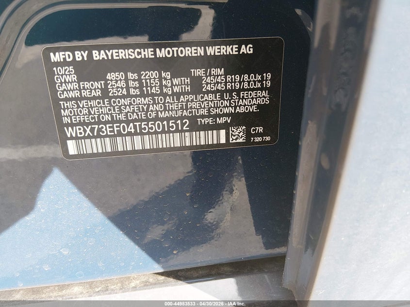 2026 BMW X1 VIN WBX73EF04T5501512 IAAI salvage auction — FRONT END, Salvage (Tennessee), sold $18,750 on 2026-07-21 (photo 9)