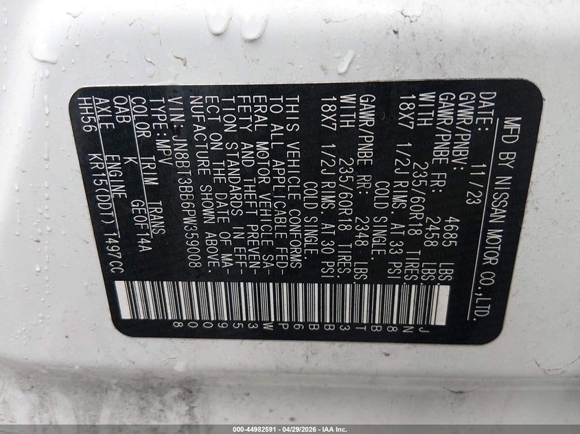 2023 Nissan Rogue VIN JN8BT3BB6PW359008 IAAI salvage auction — FRONT END, Salvage (West Virginia), sold $5,000 on 2026-07-09 (photo 9)